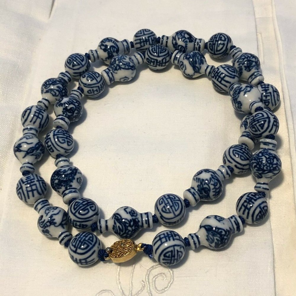 Antique Chinese Export Flow Blue Pottery Necklace
